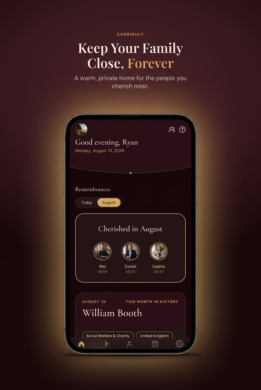 The Cherishly app showing a remembrance profile with a portrait, important dates and a gold floral design