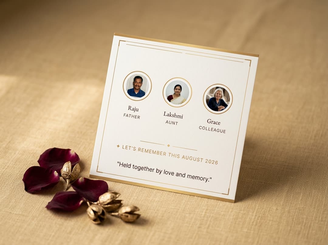 An example Cherishly remembrance card with a gold floral border and the inscription ‘Forever in our hearts’